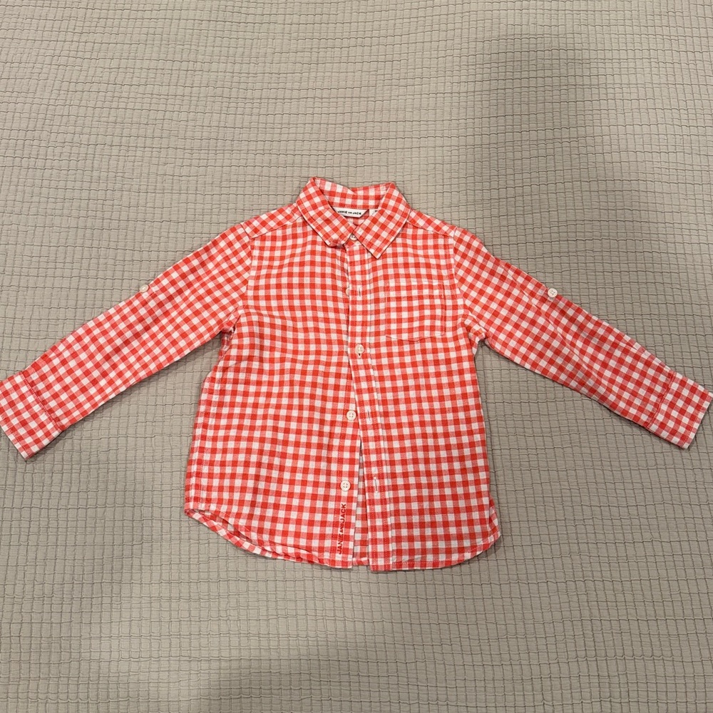 Janie & Jack Boys Cotton/Linen Orange Gingham Button-Up Shirt - 2T